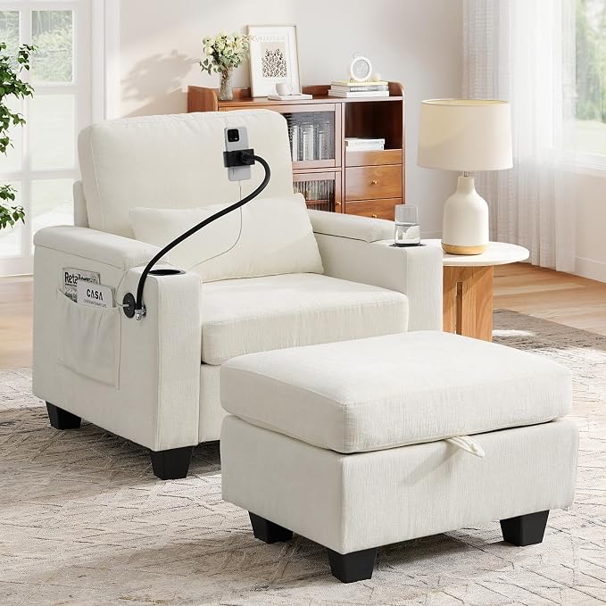 Small Chaise Lounge Chair Indoor with Ottoman&Adjustable Backrest,Chenille Tufted Recliner Comfy Sofa Chair with USB,Phone Holder&Storage Arms,Convertible Sleeper Couch Bed for Living Room(37"W,Beige)