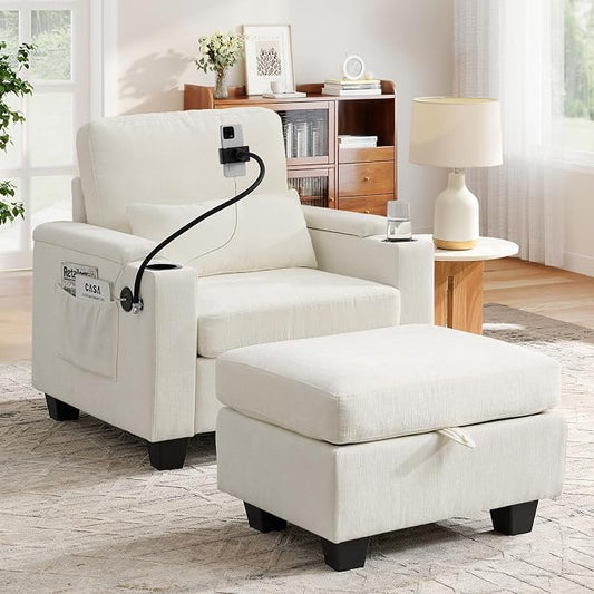 Small Chaise Lounge Chair Indoor with Ottoman&Adjustable Backrest,Chenille Tufted Recliner Comfy Sofa Chair with USB,Phone Holder&Storage Arms,Convertible Sleeper Couch Bed for Living Room(37"W,Beige)