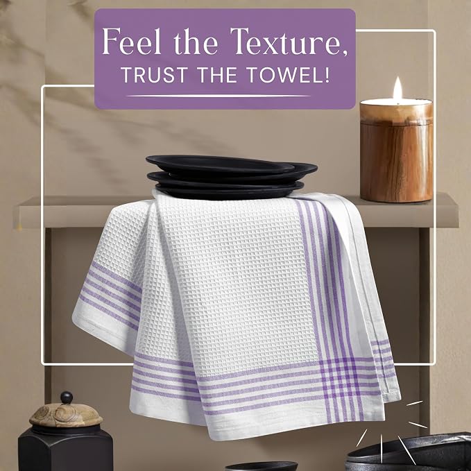 Waffle White & Lavender Kitchen Dish Towels 12 Pack, 100% Cotton, 16"x26", Thick Hand Towel for Drying Dishes, Quick Dry Washcloths, Perfect for Bar, Cooking, Serving, Cleaning