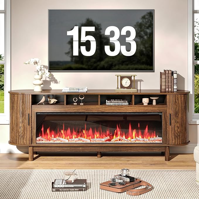 70 Inch Modern Fireplace TV Stand for TVs up to 80 inches, Mid Century TV Console with Solid Wood Legs, Sliding Doors & Curved Design,Media Console for Living Room, Brown