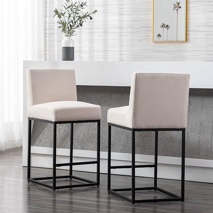 27" Height Cream Fabric Bar Stool, Counter Height Stool with Back and Footrest for Kitchen Modern Metal Barstool, Linen Upholstered Farmhouse Bar Chair Island Stool