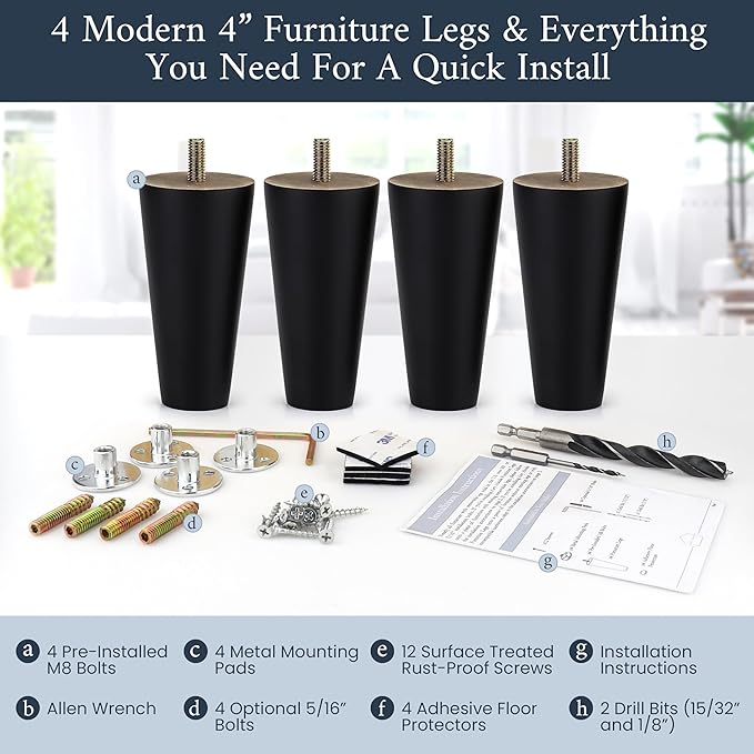 Airy Abode Premium Black Wood Furniture Legs (Full Install Kit) - Pick Your Size and Color