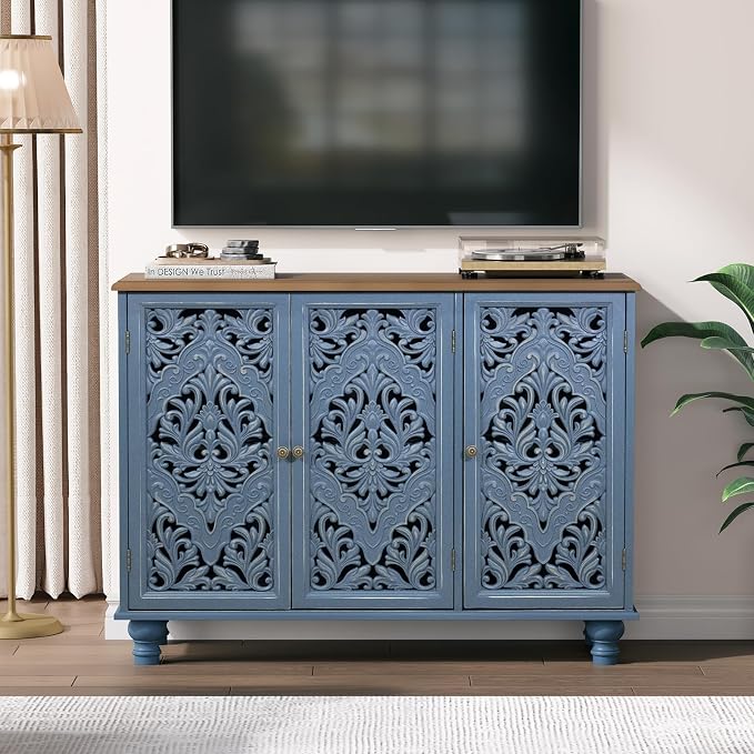 JOINICE Accent Cabinet with 3 Carved Doors, Distressed Sideboard Buffet with Storage & Solid Wood Legs, 43" Vintage Console Table for Living Room,Entryway,Coffee Bar,Hallway(Blue & Walnut)