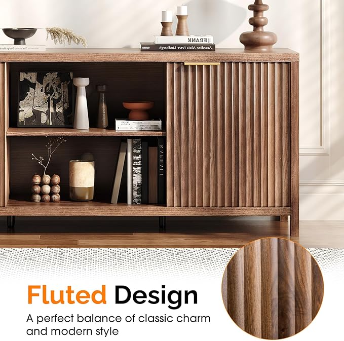 VINGLI 57.8" Fluted TV Stand for TVs up to 70 Inch, Mid-Century Modern Entertainment Center with Adjustable Shelves & Cabinet Storage, Natural Wood TV Stand for Living Room, Walnut