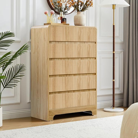BERRYMERRY 5 Drawer Dresser for Bedroom,Flute 45" Tall Dresser with Curved Profile, Mid Century Modern Vertical Wood Drawer Organizer for Bedroom Living Room
