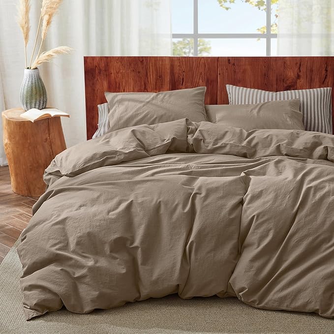 3Pcs Organic Linen Duvet Cover Queen Size, 100% French Linen from Normandy, Soft & Durable Brown Bedding Set Comforter Cover with 2 Pillowcases, 1 Duvet Cover with Zipper