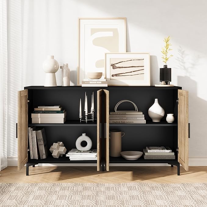 JASIWAY Buffet Cabinet with Storage, 48" Rattan Sideboard with Adjustable Shelves, Modern Coffee Bar Cabinet Console Table with Doors, Credenza for Kitchen, Living Room, Entryway, Dining Room, Black
