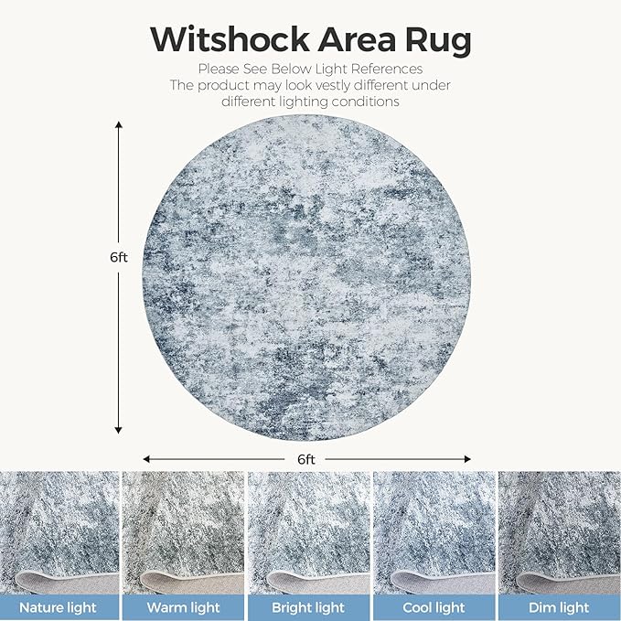 WITSHOCK 6ft Round Area Rug for Living Room: 6x6 Washable Neutral Modern Abstract Soft Thin Rug Indoor Floor No Slip Rug Carpet for Bedroom Under Dining Table Home Office Decor (Blue)