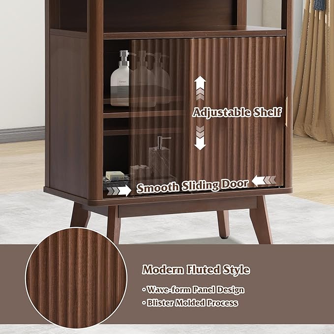 Fluted Floor Bathroom Cabinet with Sliding Door, Modern 3 Drawers Storage Organizer with Adjustable Shelf, Mid Century Bathroom Storage Cabinet with Curved Edge for Bathroom Dining Room (Brown)