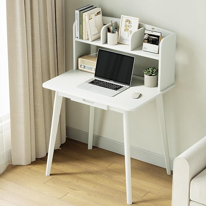 IOTXY Small Writing Desk with Hutch - 31.5" Work Computer Study Table with Drawer for Home and Office, White