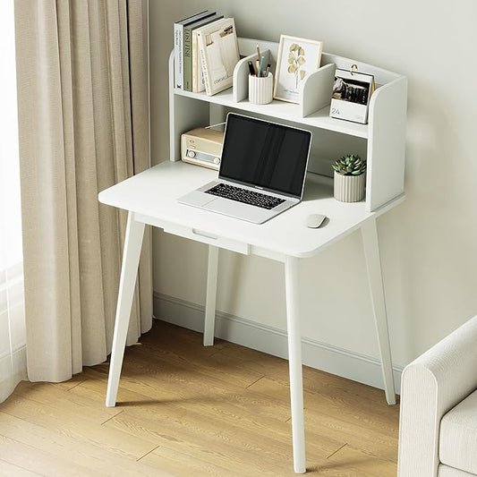 IOTXY Small Writing Desk with Hutch - 31.5" Work Computer Study Table with Drawer for Home and Office, White