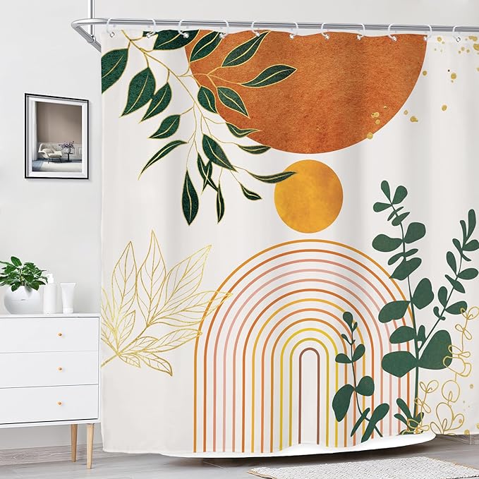 Riyidecor Orange Boho Mid Century Modern Shower Curtain for Bathroom Decor 72Wx72H Abstract Gold Leaves Minimalist Geometric Arch Sun Art Printed Fabric Polyester Waterproof 12 Pack Plastic Hooks