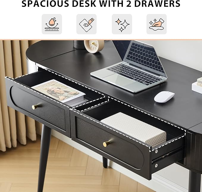 Practical 59" Wood Writing Desk, Home Office Laptop Desk with 2 Flip Hide Storage + 2 Drawer, MCM Elegant Fluted Multifunctional Study Desk for Apartment Bedroom (Black)