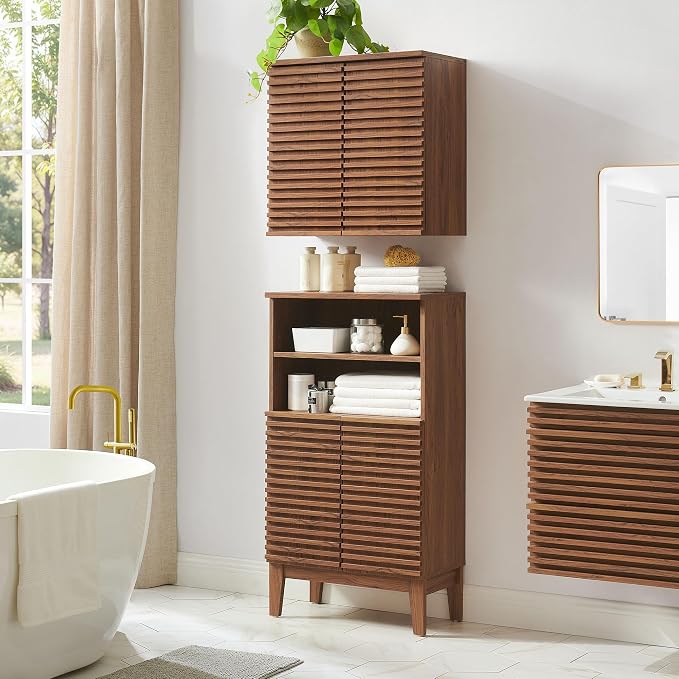 Modway Render Bathroom Cabinet Set in Walnut - Freestanding Linen Cabinet and Wall Mounted Storage with Slatted Doors, Adjustable Shelves