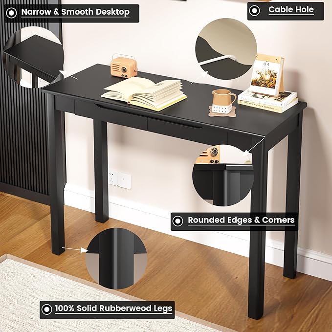 Solid Wood Desk with Drawers - 39 x 16 Inch Simple Narrow Desks, Modern Computer Desks, Rubber Wood Study Table, Small Writing Desk for Bedroom|Small Spaces - Black