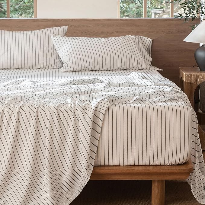 MooMee Striped Sheet Set 100% Washed Cotton Linen Like Textured Breathable Durable Soft Comfy (White Dark Grey Wide Stripes, Twin)