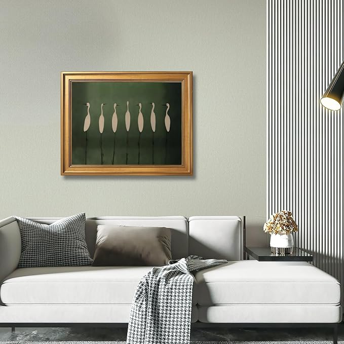 Vintage Crane Canvas Wall Art Prints Elegant White Birds on Deep Green Posters Retro Trendy Heron Painting Modern Minimalist Peaceful Nature Home Decor for Living Room 24x36inch Golden Frame