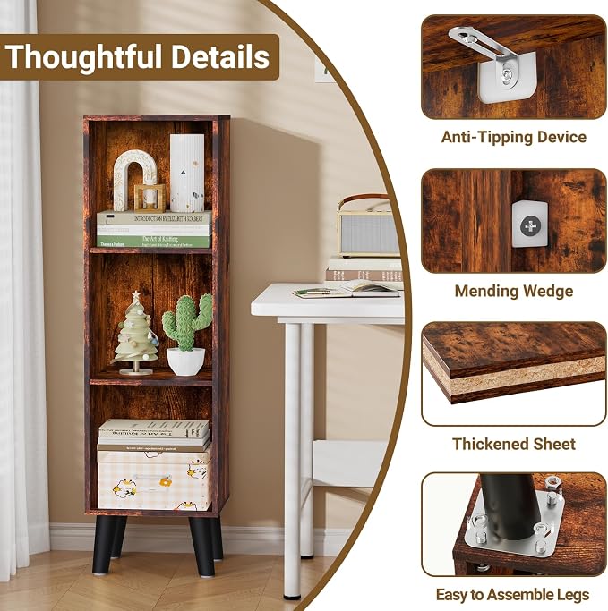 3 Cube Storage Organizer with Legs, 3 Tier Cube Low Bookcase Freestanding Storage Display Organizer for Home Office, Three-Cubes Open Shelf Short Bookshelf (Retro Brown, 3 Cube)