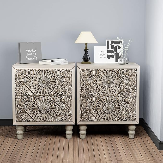 HOMPUS Fully Assembled Nightstand Set 2, 2-Drawer Farmhouse Nightstand Set of 2, Wood Bedside Table with 2 Drawers, Vintage Accent End Table for Living Room, Bedroom, Distress White