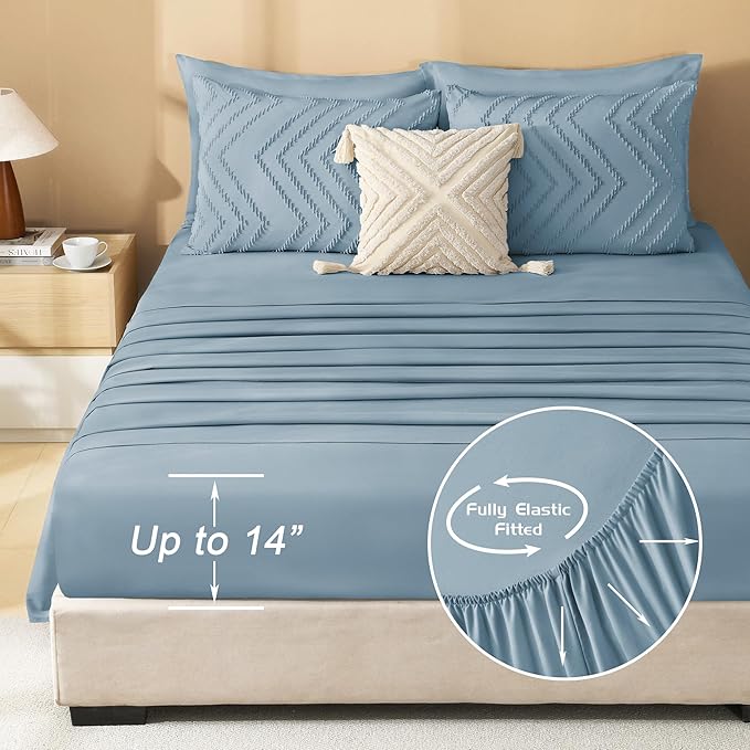 Litanika Super King Plus Size Comforter Set with Sheets Grayish Blue - 7 Pieces Bed in a Bag Oversized King Boho Tufted Complete Bedding Sets with Comforter, Sheets, Pillowcases & Shams