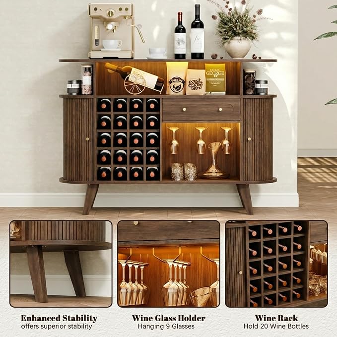 Loomie Wine Bar Cabinet with LED Light, Mid Century Modern Liquor Cabinet– 20-Bottle Rack, Glass Holder & Drawer, Buffet Sideboard, Coffee Bar Cabinet (Walnut)
