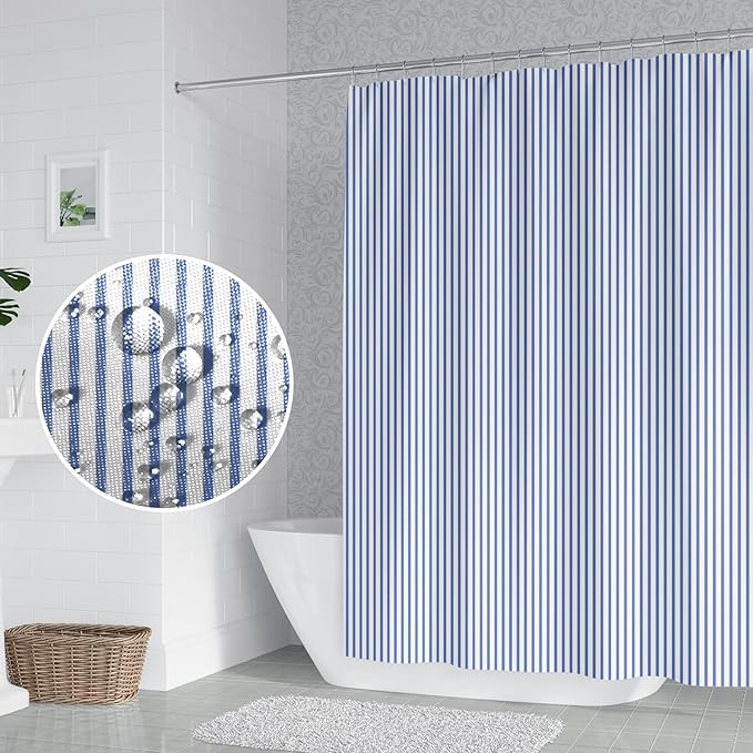 Abstract Stripes Fabric Bathroom Shower Curtain - Sky Blue Lines Modern Minimalist with Hooks - Polyester Waterproof Artistic Decor, 36x72 Inch