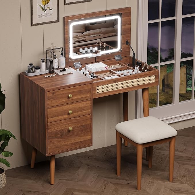 39" Wooden Makeup Vanity Set with 3 Rattan Drawer and Stool, Retro Walnut Dressing Table with Mirror and LED Lights, Vintage Bohemian Fluted Vanity for Bedroom Living Room