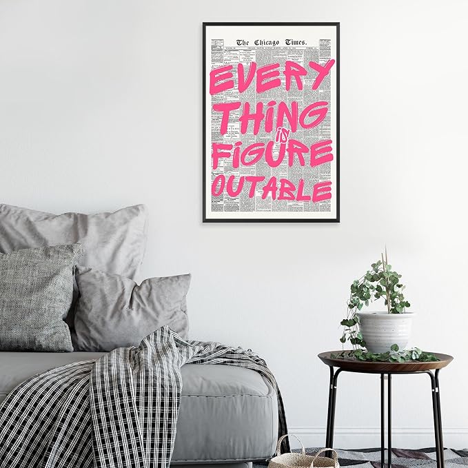 Every Thing Is Figure Outable Wall Art Retro Newspaper Pink Font Canvas Poster Positive Affirming Quote Minimalist Prints Painting For Home Bedroom Dorm Wall Decor Aesthetics 12x16in Unframed