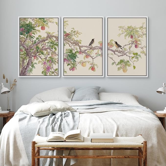 wall26 Framed Print Wall Art Set Watercolor Fruit Tree Branch with Birds Botanical Decorative Minimal Relax/Zen for Living Room, Bedroom, Office - 24"x36"x3 White