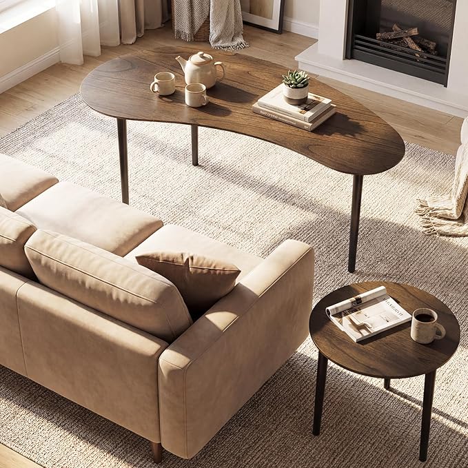 Giantex Nesting Tables Set of 2, Mid Century Modern Coffee Tables with Solid Wood Support Legs, Wood Side End Tables in Kidney & Round Shape for Living Room, Easy Assembly, Walnut