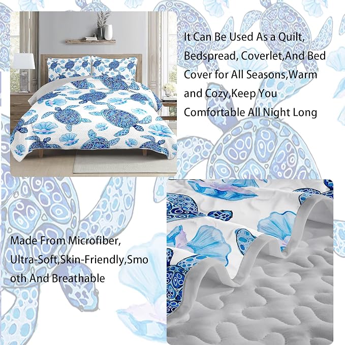 AILONEN Watercolor Sea Turtle Quilt Set Full Size,Beautiful Pearl Shells Bedspread Coverlet - Soft Lightweight 3Pcs - Sea Creatures Print Quilt,2 Pillowcases