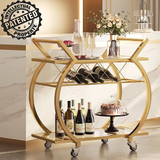 LVB Gold Bar Cart with Glass, Bar Cart with Wheels, Wine Cart with 2 Tier Storage Glass Shelves Home Bar Serving Cart with Wine Rack, Liquor Cart for Kitchen, Bar, Dinning Room