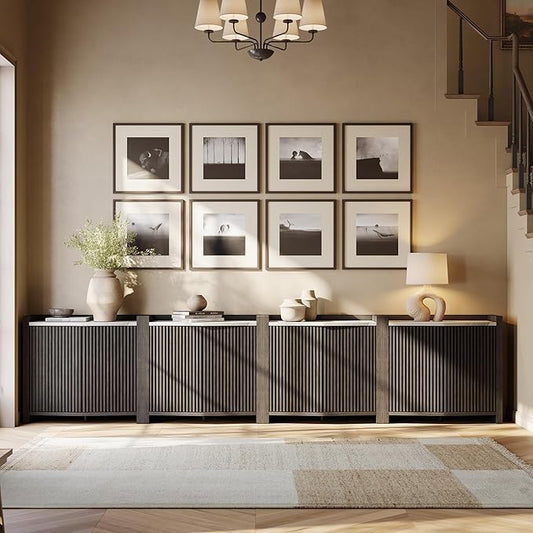 BELLEZE Set of 4 Modular Sideboard Buffet Cabinet with Storage,140 Inch Modern Credenza with Adjustable Shelves, Fluted Black Console Table with Faux Marble Panel for Kitchen, Entryway, Dining Room