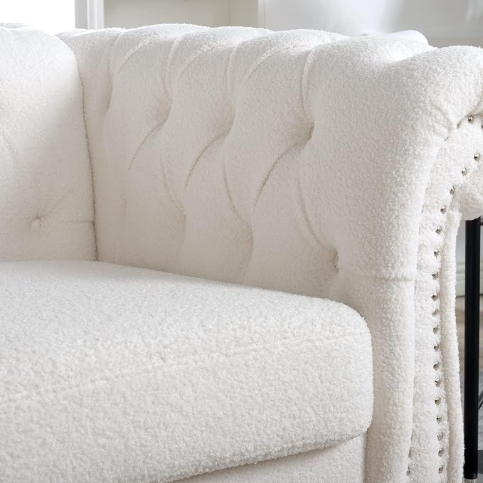 Yoglad Upholstered Accent Chair, Retro Style Armchair with Rolled Arms, Comfy Single Sofa with Wood Legs and Nailhead for Living Room, Bedroom, Apartment (White, 39", Teddy Fabric)