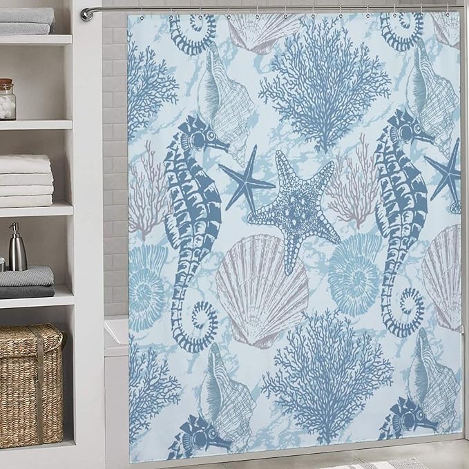 Nautical Coastal Shower Curtains,Ocean Summer Beach Seahorse Starfish Undersea Animals Theme Bathroom Curtain Waterproof Fabric Machine Washable with Hook,72x78Inch
