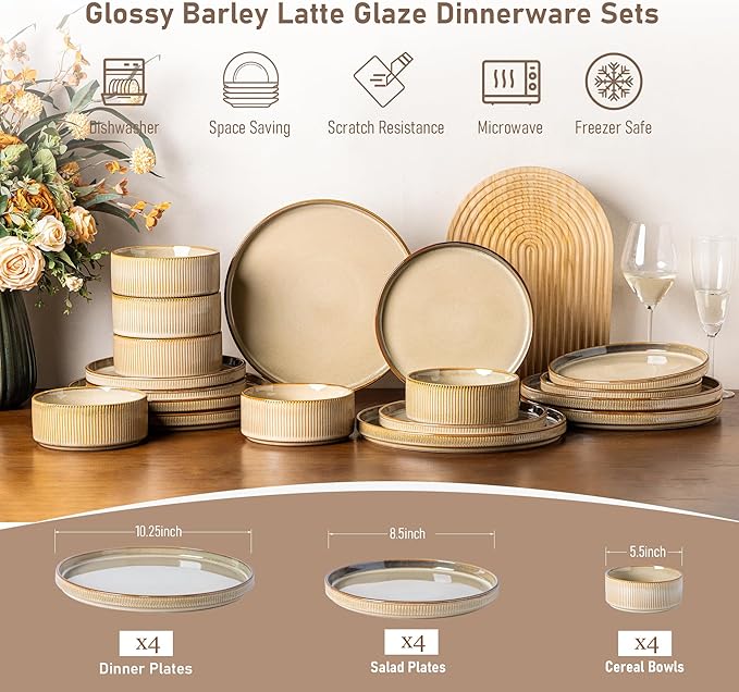 GBHOME 12-Piece Stoneware Dinnerware Set for 4 – Ribbed Ceramic Plates and Bowls, Scratch-Resistant, Microwave & Dishwasher Safe, Reactive Glaze, Barley Latte