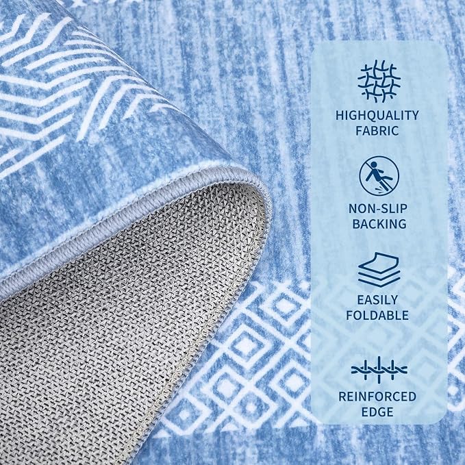 GarveeHome 9x12 Large Modern Light Blue Area Rug Distressed Bordered Soft Non Shedding Floor Carpet, Geometric Washable Non Slip Low Pile Indoor Area Rug for Living Room, Bedroom