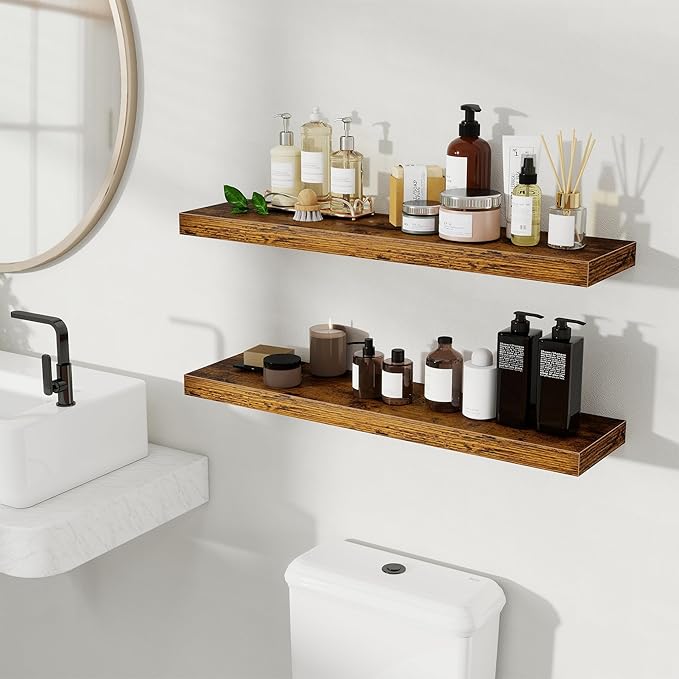 Fun Memories Floating Shelves for Wall, Rustic Wood Wall Mounted Shelves for Bathroom, Bedroom, Living Room and Kitchen, Storage & Home Decor (Set of 2, Brown, 32 in)