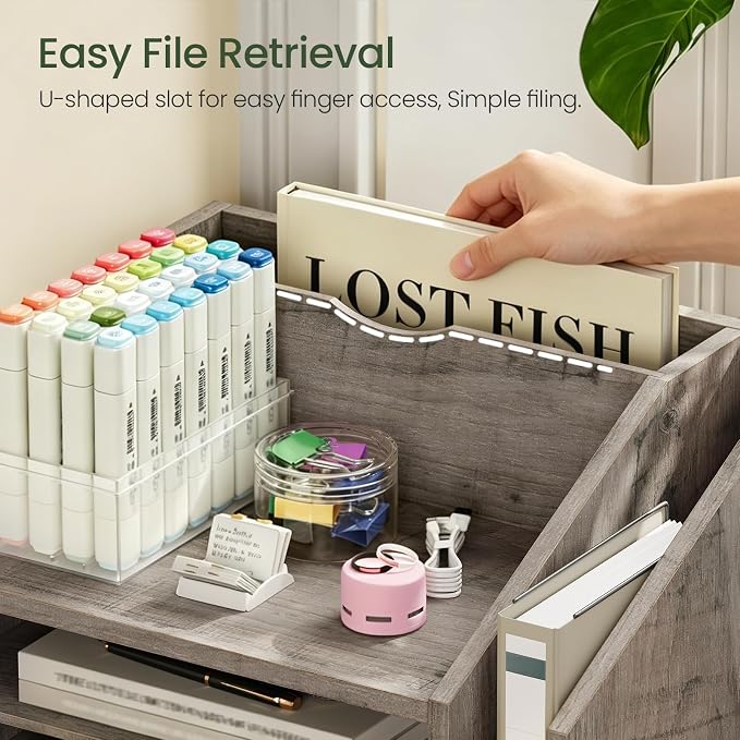 CHOEZON Wooden Desk Organizer with Adjustable Partitions, Multi-Layer Desktop File Holder for Home Office, Paper & Stationery Storage Organizer, Greige MWJ04FH