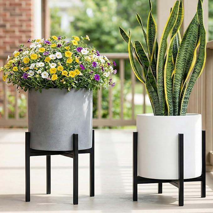 FaithLand Mid Century Plant Stand Indoor Outdoor (EXCLUDING 10" Plant Pot), Metal Planter Stand, Potted Plant Holder, Black, Hold Up to 10 Inch Planter - Fits Snake Plant - Upgraded Design.