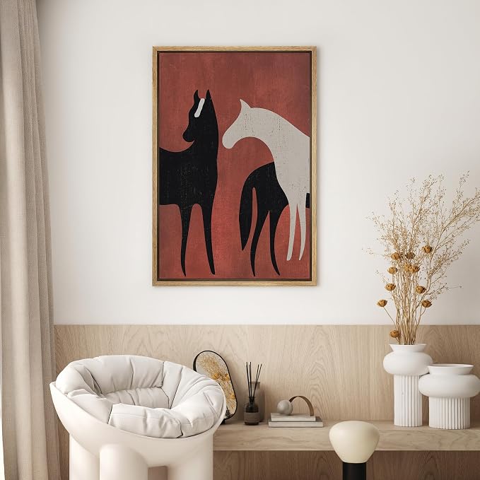SIGNWIN Framed Canvas Print Wall Art Preppy Room Decor Black White Horse Stallion Silhouette Tree Nature Wilderness Drawings Boho Animals Colorful for Living Room, Bedroom, Office - 24"x36" Natural