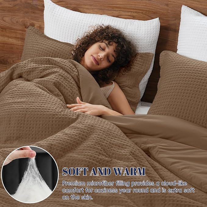 PHF Ultra Soft Waffle Weave Comforter Set Queen Size, 3 Pieces Lightweight Breathable Comfy Bedding Set, Comfy Textured 1 Comforter with 2 Pillow Shams, Mocha