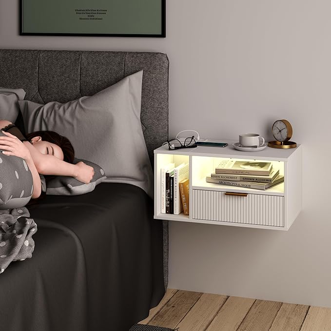 White Floating Nightstand with Charging Station and LED Lights,White