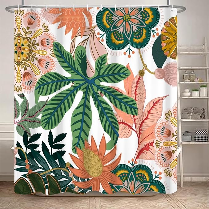 Boho Floral Bathroom Shower Curtain - Tropical Green Leaves, Pink Flowers - Waterproof Polyester Fabric - Mid Century Modern Decorative, 65x72 Inch