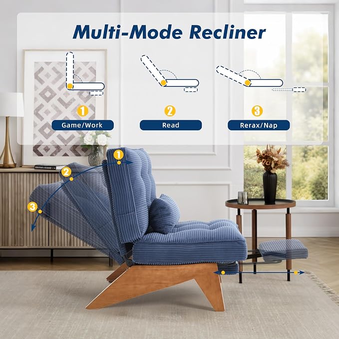 Accent Chair with Ottoman Adjustable Backrest, Stripe Living Room Chair Indoor Lounge Chair with Build-in Footrest Set, Modern Chair Cozy Reclining Chair for Reading Room, Navy