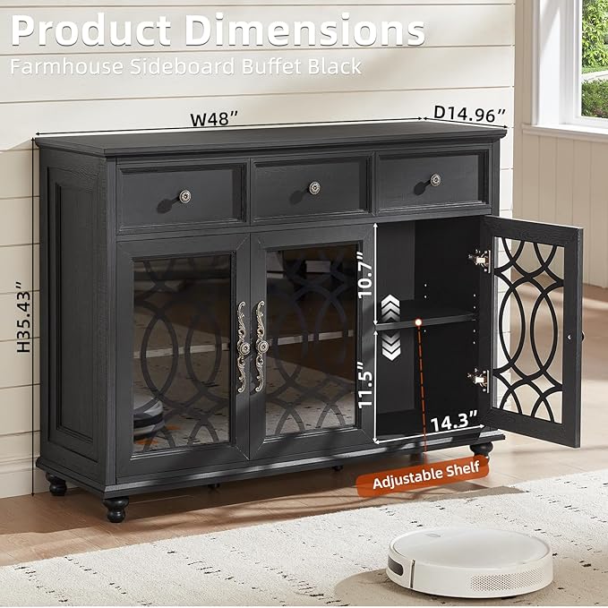 Farmhouse Sideboard Buffet Cabinet Set of 2 with Storage,48" Large Credenza with 3 Glass Doors & 3 Drawers,Adjustable Shelves Console Table,Wood Kitchen Coffee Bar for Dining Room,Black