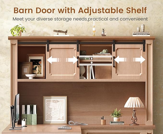 SEDETA 67" Farmhouse Desk with Hutch, L Shaped Office Desk with 4 Drawers & Storage Cabinet, Executive Corner Computer Desk with Sliding Doors, File Drawer & Power Outlet for Home Office, Oak