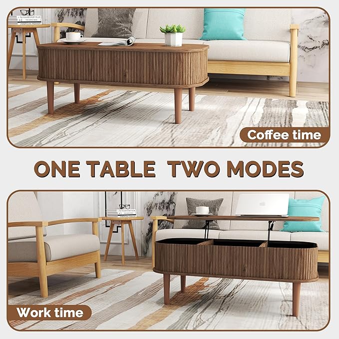 Fluted Lift Top Coffee Table with Hidden Storage, Oval Coffee Table with Lifting Top, Mid Century Modern Design for Living Room, Office & Small Spaces(Walnut)