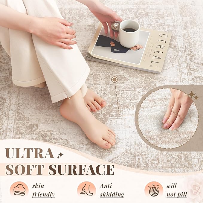 Area Rug 6x9 Vintage Rug: Washable Indoor Medallion Rugs Low Pile Distressed Floor Carpet Retro Accent Rug for Living Room Bedroom Kitchen Dining Table Home Office(Beige, 6'x9')