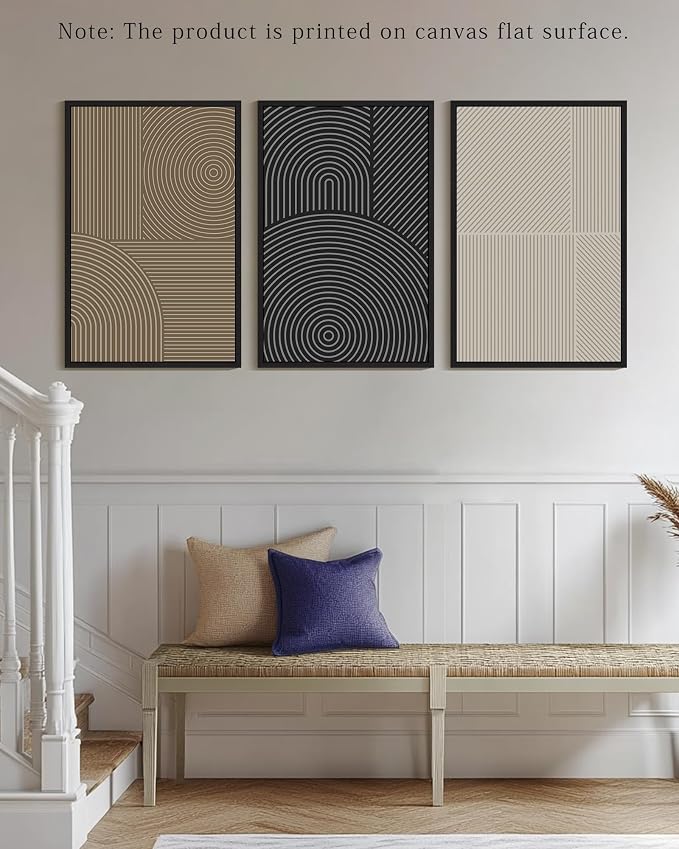 KUVIOKE Minimalist Abstract Boho Framed Wall Art Modern Mid-Century Bohemain Neutral Line Wall Decor Geometric Artwork Bedroom Decor 24x36in (Black Framed)